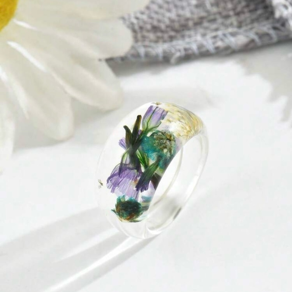 Floral Resin Ring with Purple and Green Accents - Size 8